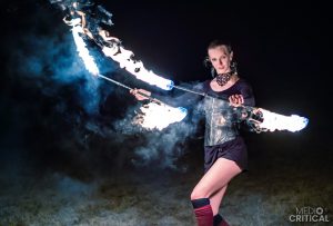 Briana Apsara - double fire staff - blue flames - FemPyre Fire Art